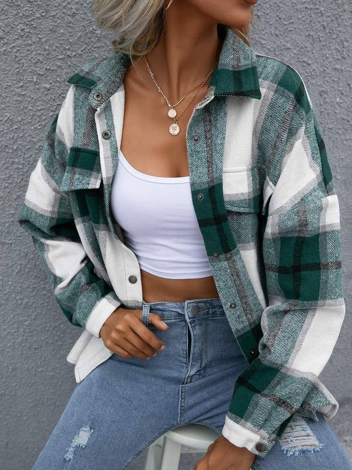 Green Plaid Button Down Shacket – Cozy Fall Layering Shirt J for wholesale by Fashion Combination