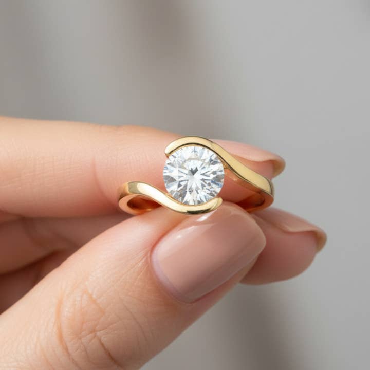 Tension Setting Round Cut 14K Solid Gold Twisted Diamond Rings IGI Certified for wholesale by Triple C Diamonds