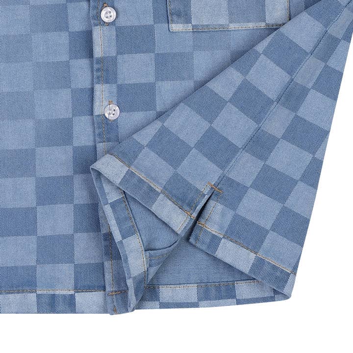 ToTo Heros - Wholesale Button Down Shirt - Kids - Liam Checkerboard Denim Short Sleeve Shirt3
