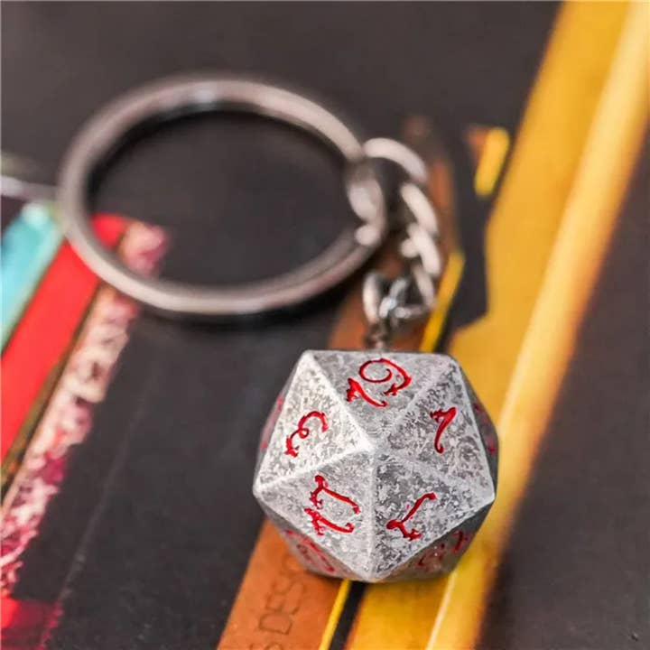 Tabletop Dominion Limited - Wholesale Keychain – Unisex - Keyring: Stone Effect Metal D20 Dice with Bloody Font D&D4