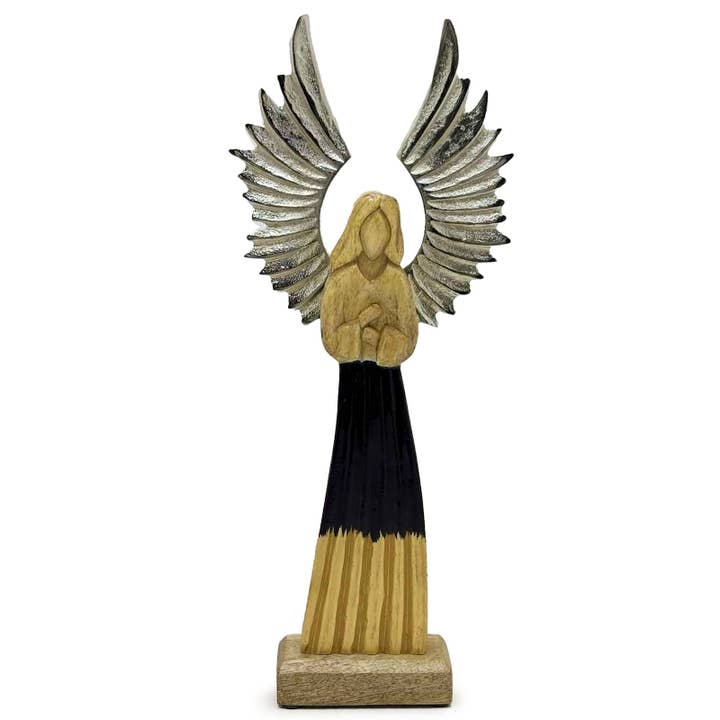 AWGifts Europe - Wholesale Decorative Figurine - 2x Large Mango Wood Gardian Angel Metal Wings & Enamel Detai
