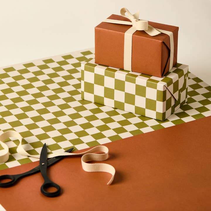 Green Checkerboard & Cinnamon Plain gift wrapping paper for wholesale by Kinshipped