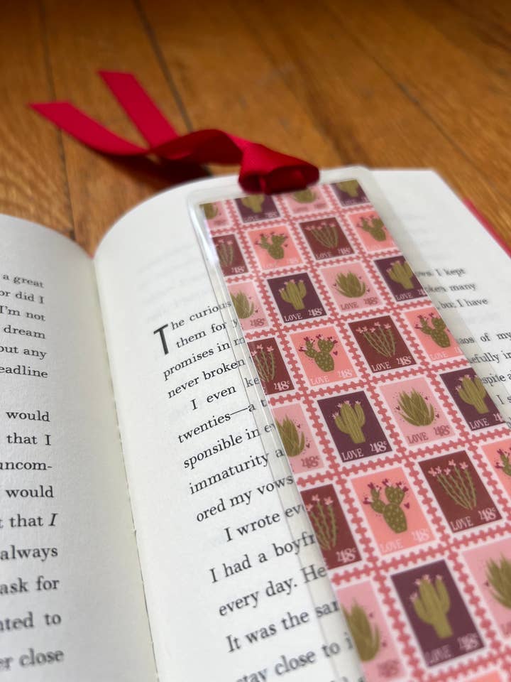 Cactus Stamps Bookmark – Laminated 2" x 8" with Red Ribbon for wholesale by Creative Kind