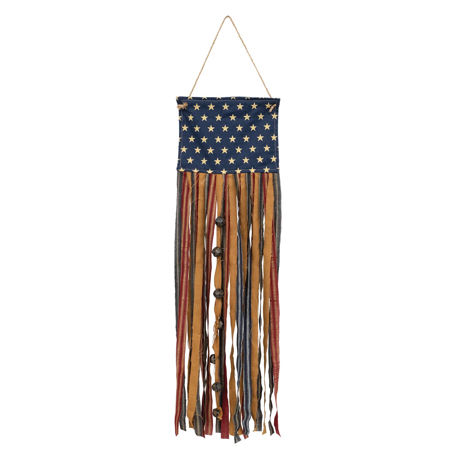 The Hearthside Collection - Wholesale Decorative Tabletop Object - Primitive Rag Strip Flag Banner w/Jinge Bells0
