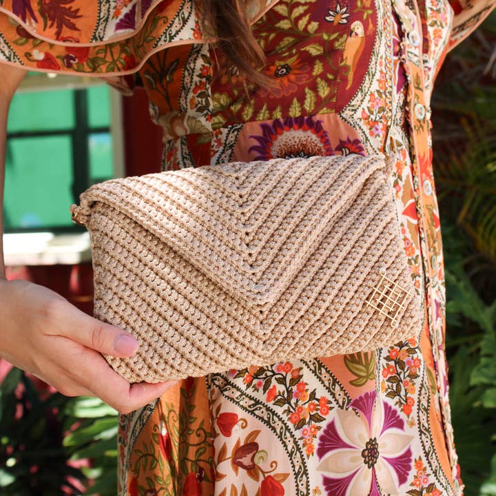 Beige Crochet Envelope Clutch with crossbody strap for wholesale by Munai