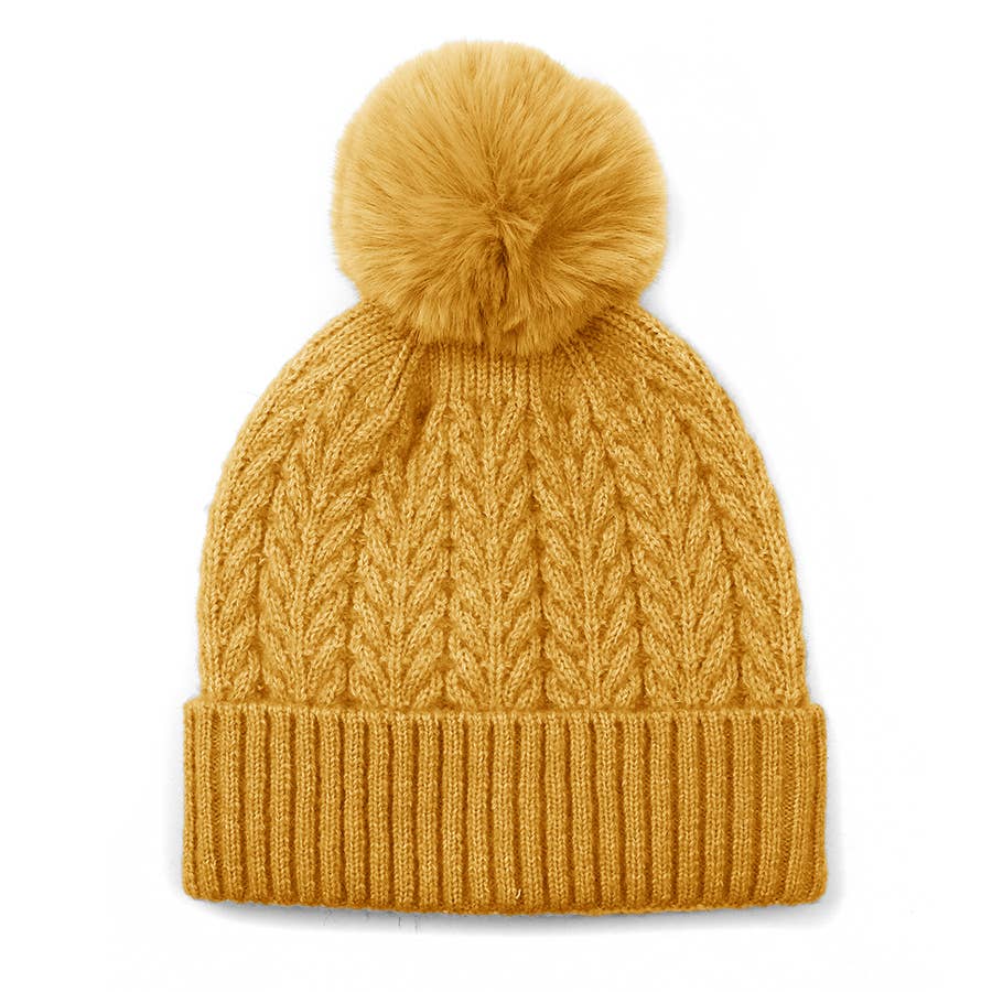 Peace Of Mind - Wholesale Beanie - Women's - Yellow Recycled Herringbone Bobble Hat0
