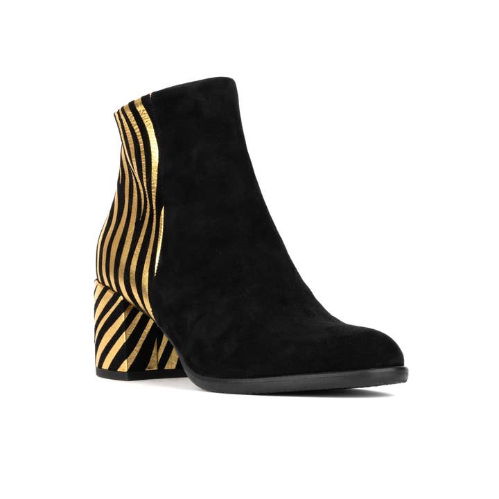 Embassy London – wholesale Booties – Women's – Impala - Black & Gold - Women's Suede Ankle Boot with Block Heel & Gold Foil Zebra Stripes1