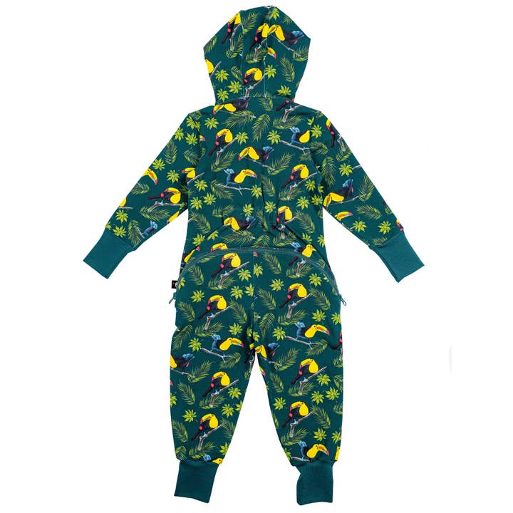 Warm jumpsuit with zipper rear, toucan print, green for wholesale by Beek