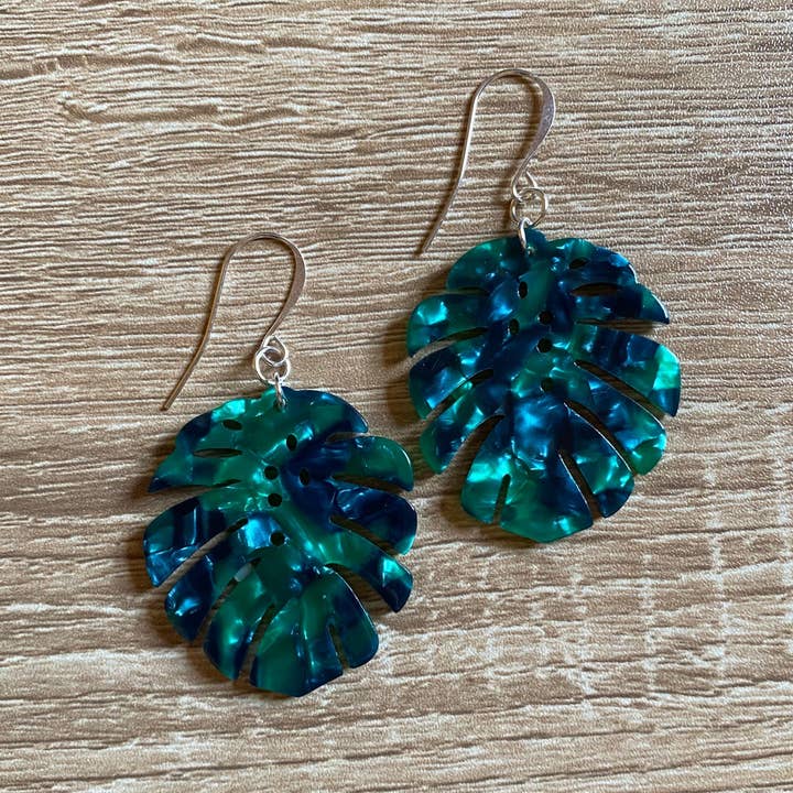 Green Philodendron Silver Dangle Earrings for wholesale by Plant Lover