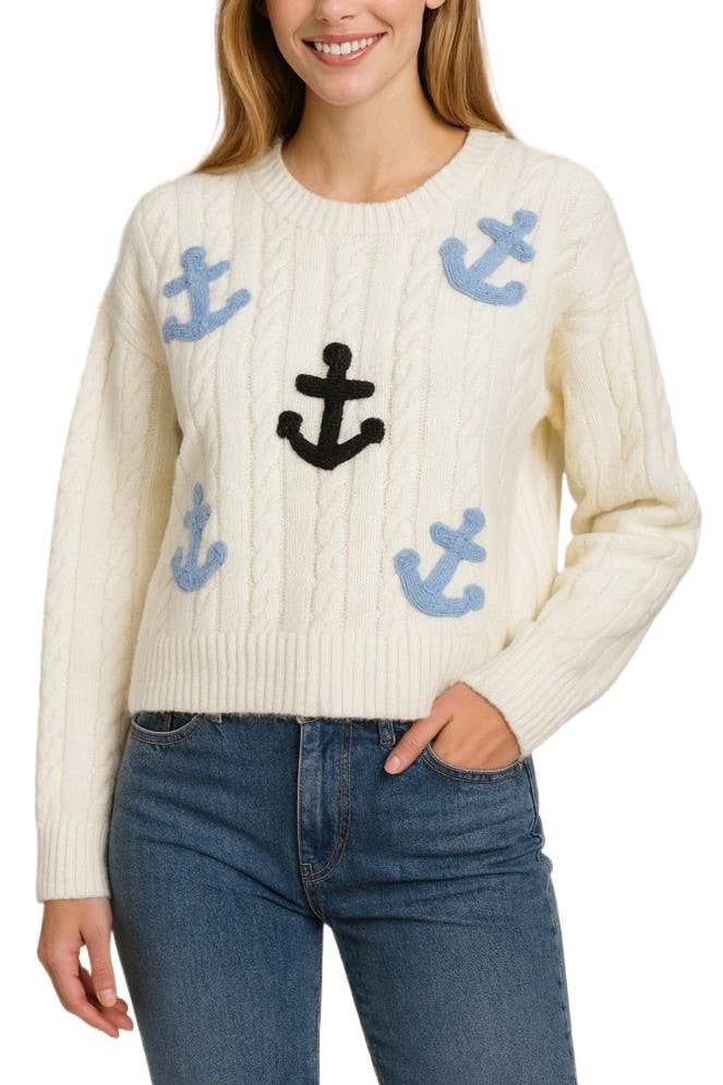 IVOIRE Pull en maille torsadée avec ancres en vente sur Faire0