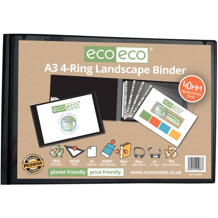 eco-eco Stationery Ltd – Arquivo por atacado – A3 95% Reciclado Apresentação Pasta de Paisagem de 4 Anéis