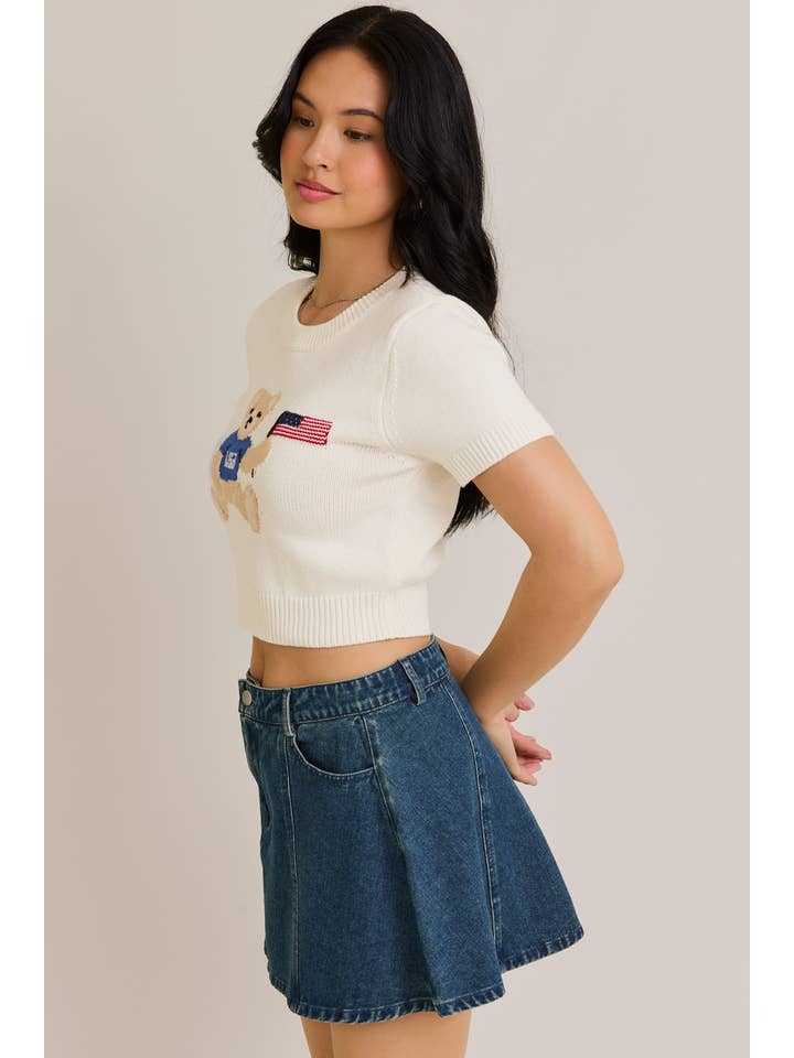 White "TEDDY BEAR WITH USA FLAG" GRAPHIC CREW NECK SWEATER TOP for wholesale on Faire