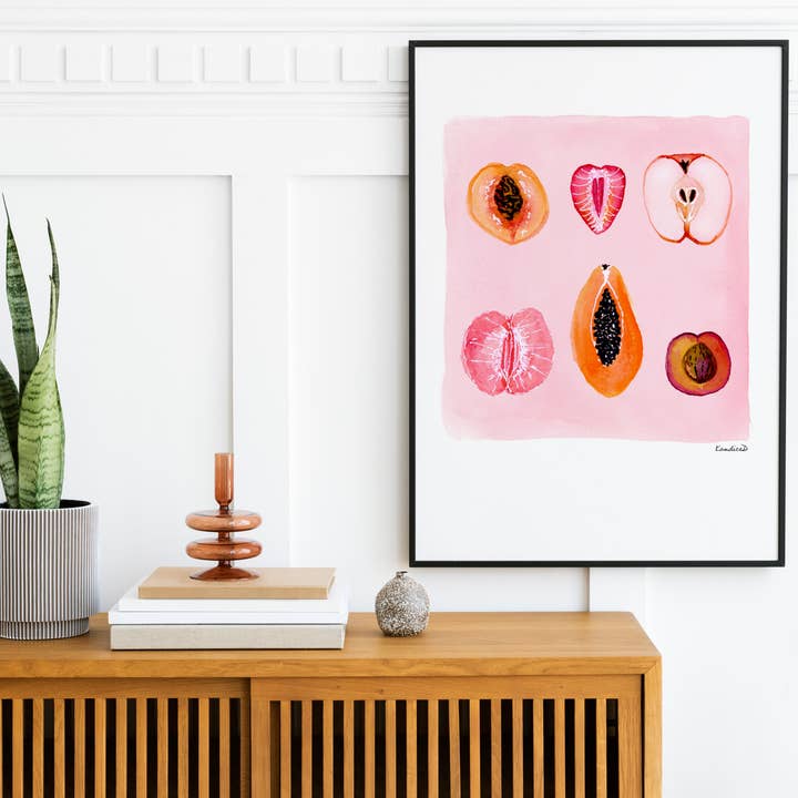 Impressão artística assinada com frutas femininas fatiadas por atacado de Artist In Orbit