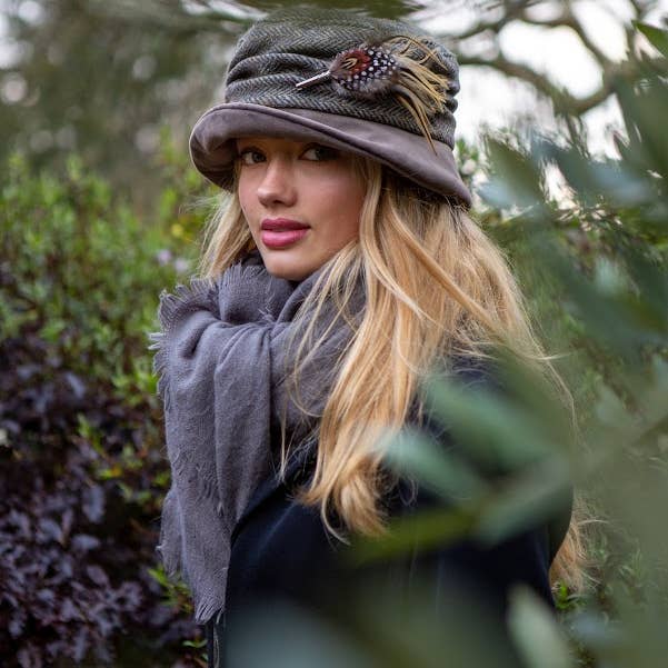 Grey Yorkshire Tweed and Velvet Cloche Style Hat for wholesale on Faire