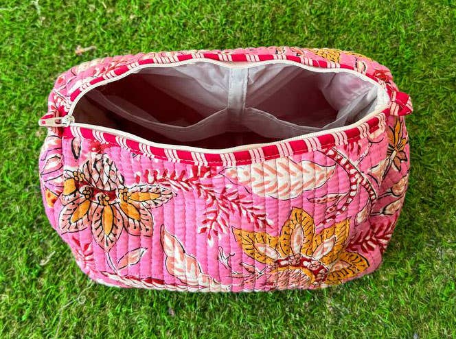 bhavnas boutique - Venta al por mayor Bolsa para maquillaje - Bolsa de maquillaje acolchada mediana con estampado de bloques, bolsas para cosméticos 4