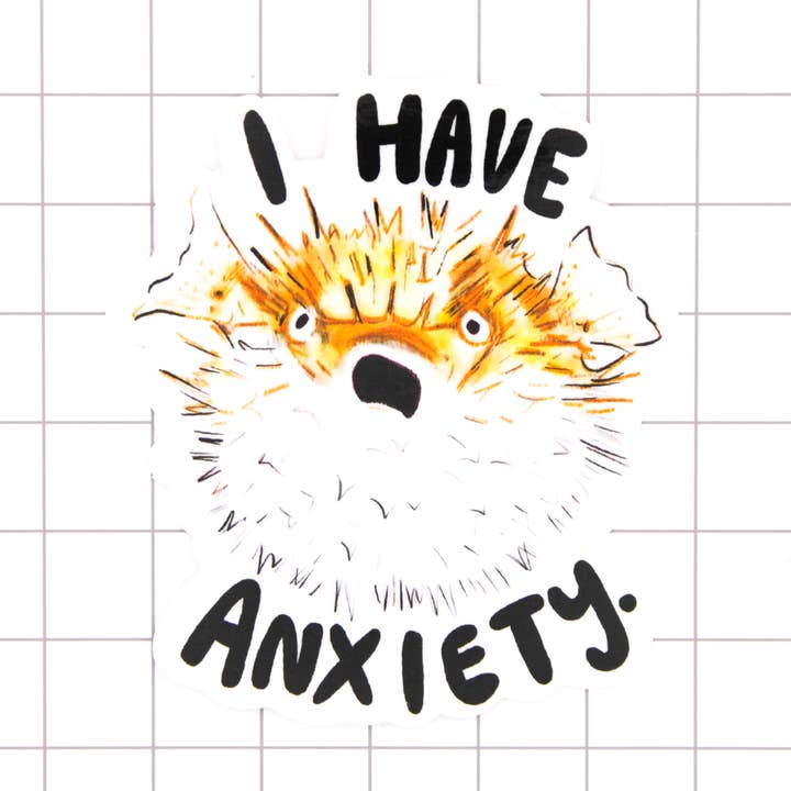 Anxiety Pufferfish Vinyl Sticker for wholesale by Amy Hartelust Art and Illustration