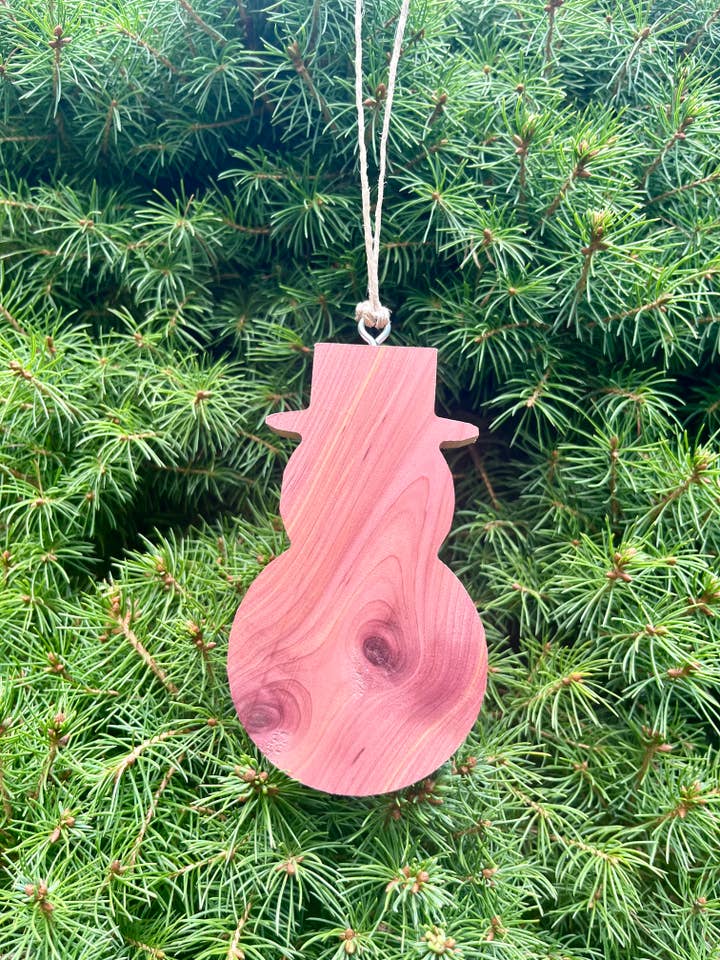 Handcrafted Cedar Wood Snowman Christmas Ornament for wholesale by JRV Designs