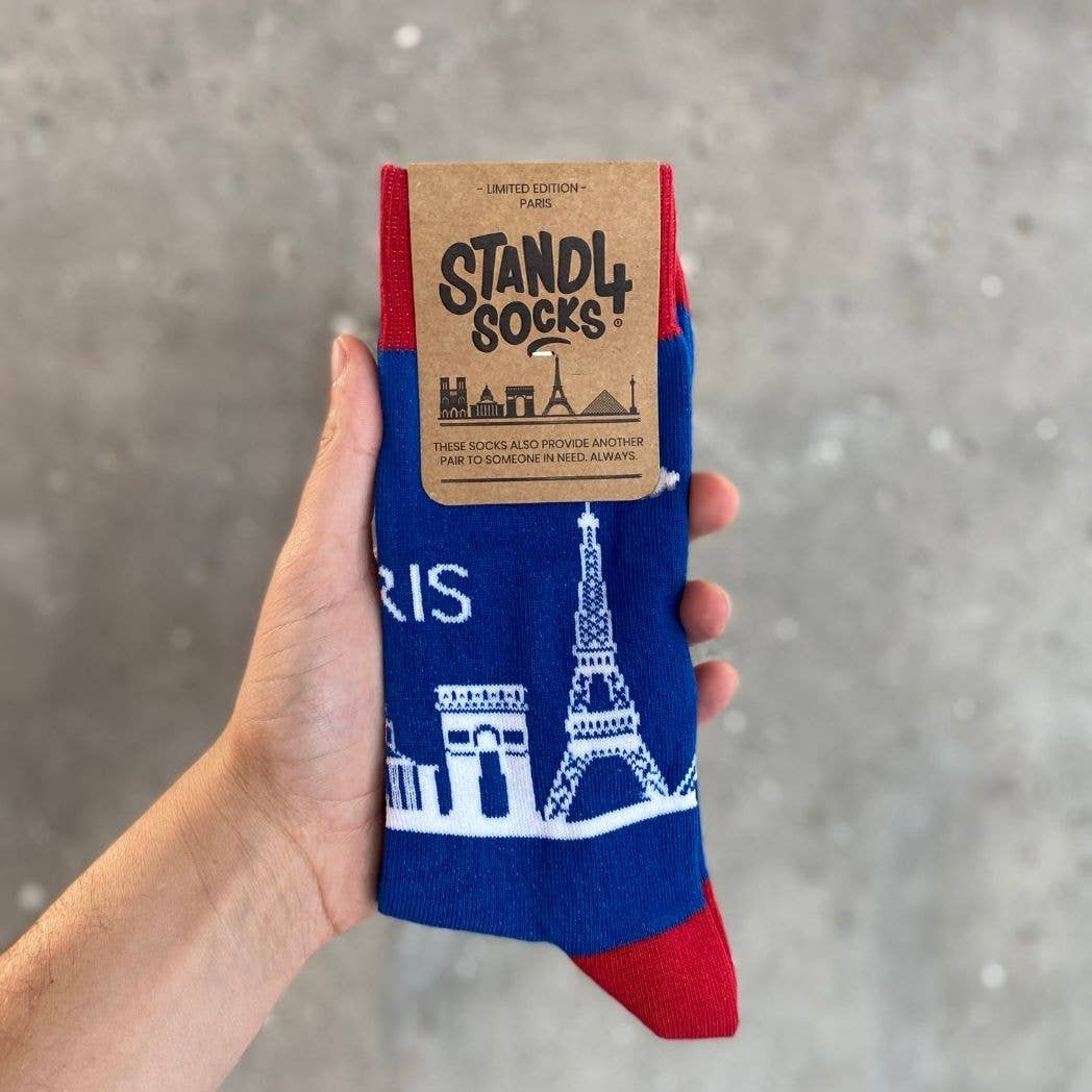 Blue Red Paris Skyline Sock for wholesale on Faire2