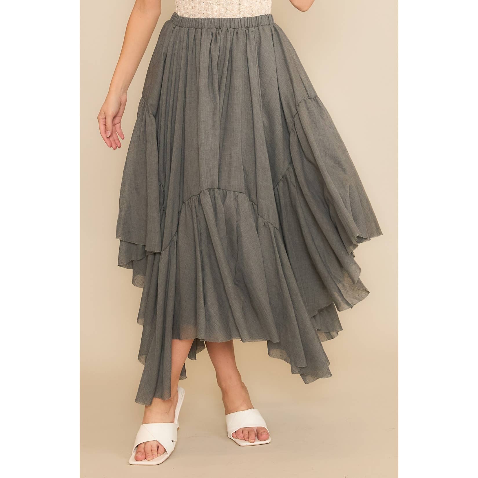 Sweet Generis - Wholesale Skirt - Women's -  Asymmetrical Raw-Edge Ruched Skirt - Charcoal6