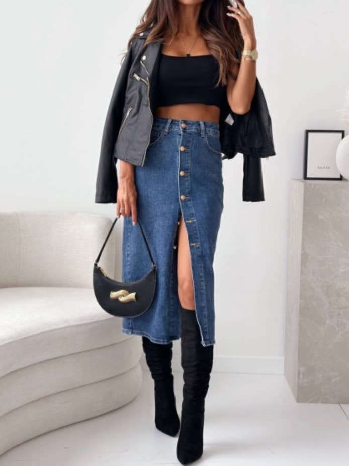 Long denim skirt with buttons - EB052 for wholesale by ESTEE BROWN