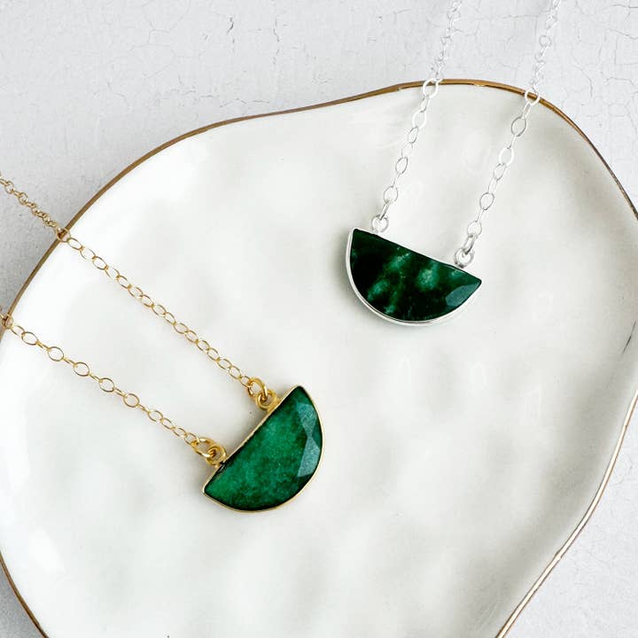 Small Half Moon Crescent Necklace - Raw Emerald for wholesale by Rustic Gem Jewelry