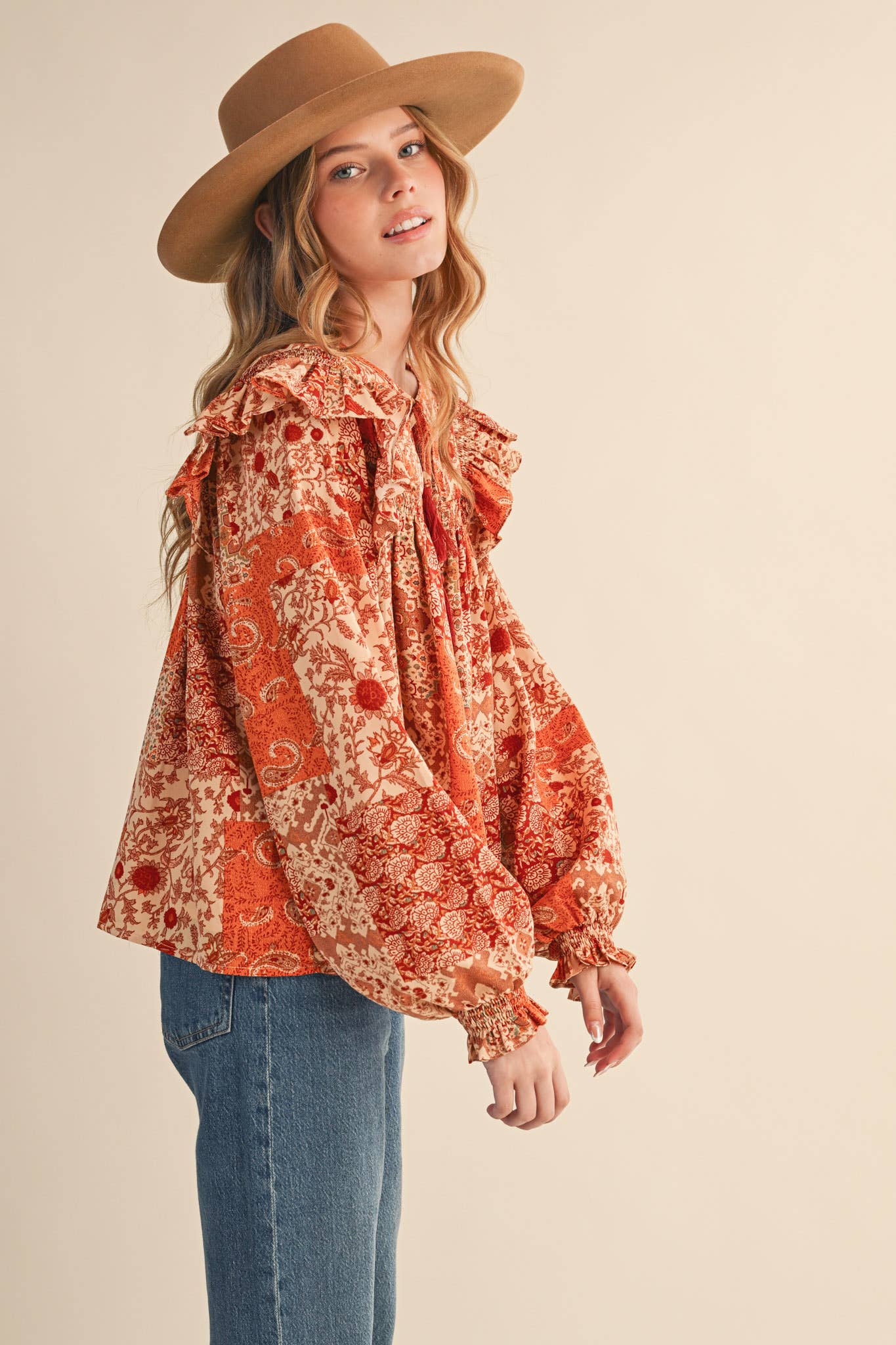 &MERCI - Wholesale Blouse - Women's - PATCHWORK PRINT SMOCKED RUFFLE BLOUSE MTP435014