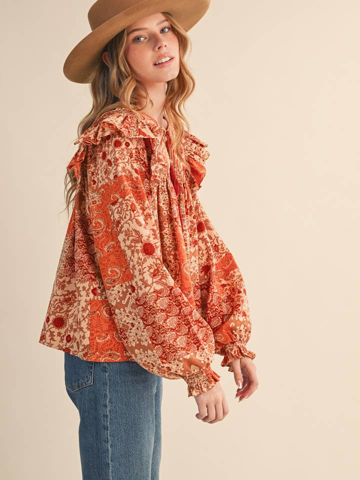 &MERCI - Wholesale Blouse - Women's - PATCHWORK PRINT SMOCKED RUFFLE BLOUSE MTP435014