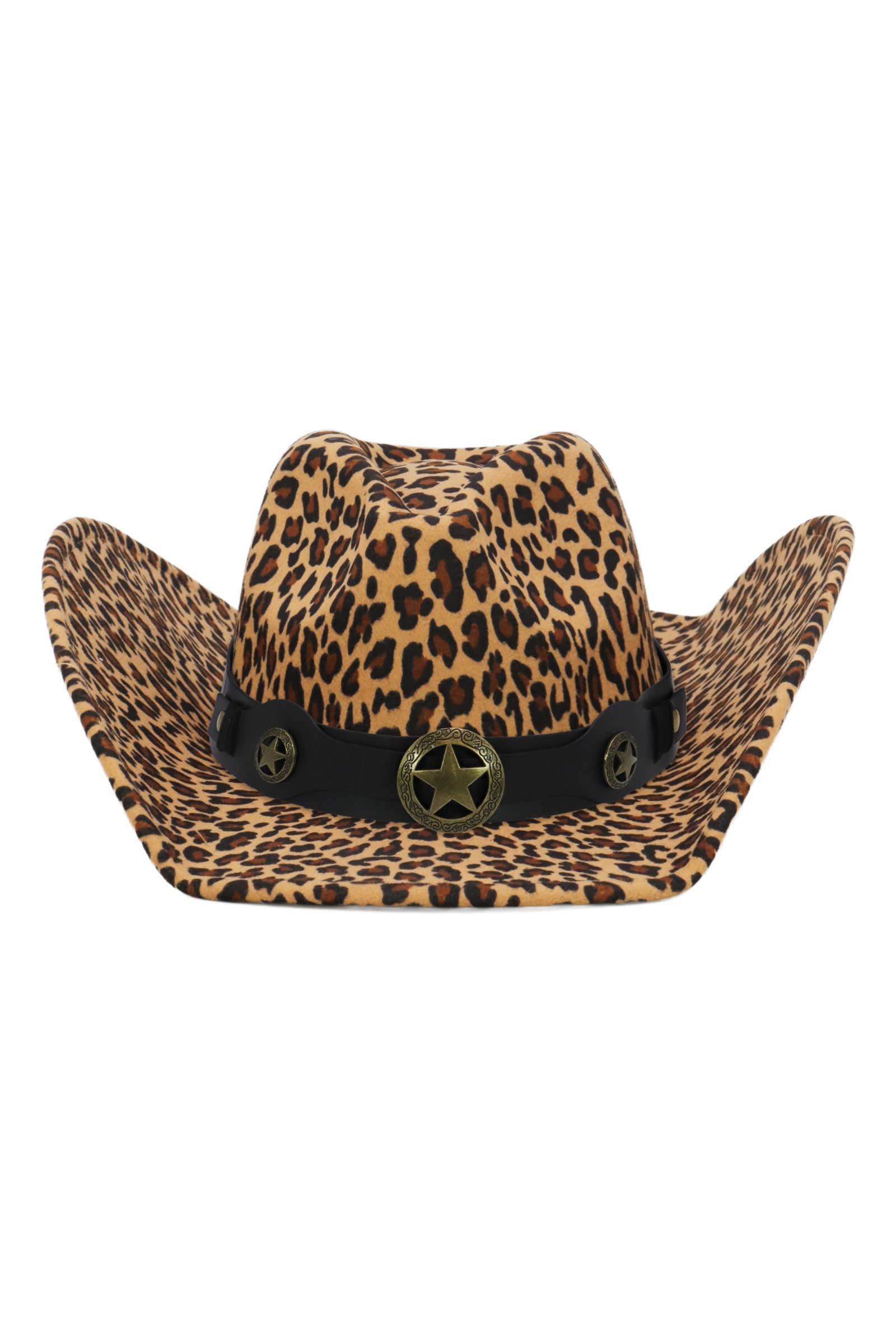 Cap Zone – Chapéu de cowboy - Mulher por atacado – Chapéu de Cowboy de Feltro com Cinto de Estrela de Bronze e Padrão de Leopardo Falso1