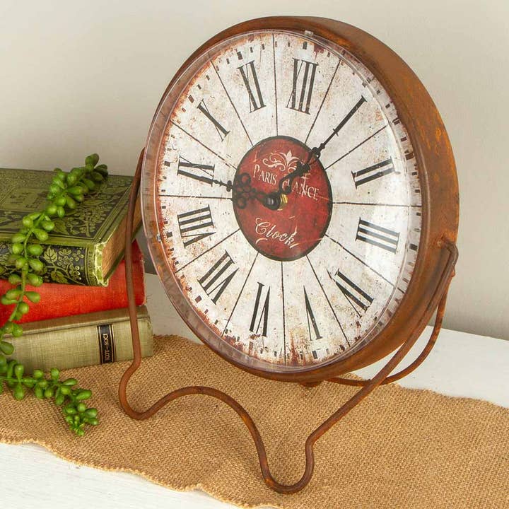 Vintage Look Rusted Metal Paris France Clock with Stand for wholesale by Factory Direct Craft