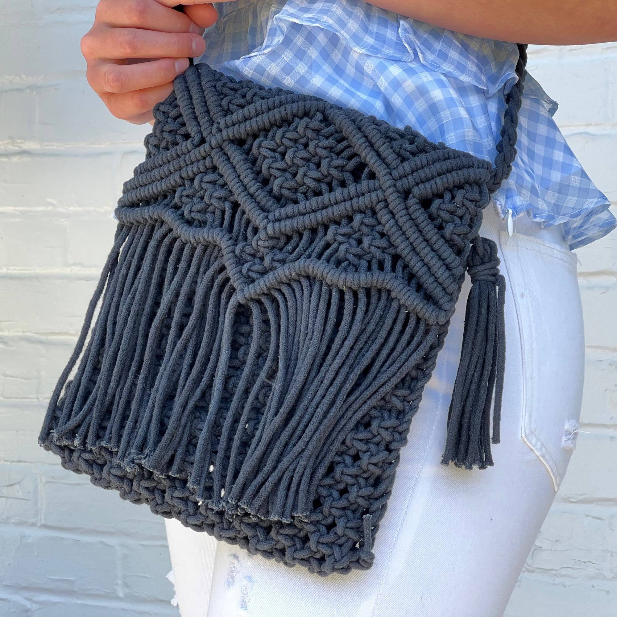 Global Crafts - Wholesale Shoulder Bag - Women's - Handmade Boho Macrame Shoulder Bag, Black with Fringe2