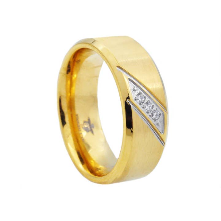 Men's Gold Stainless Steel Band Ring With Cubic Zirconia for wholesale by Blackjack Mens Jewelry