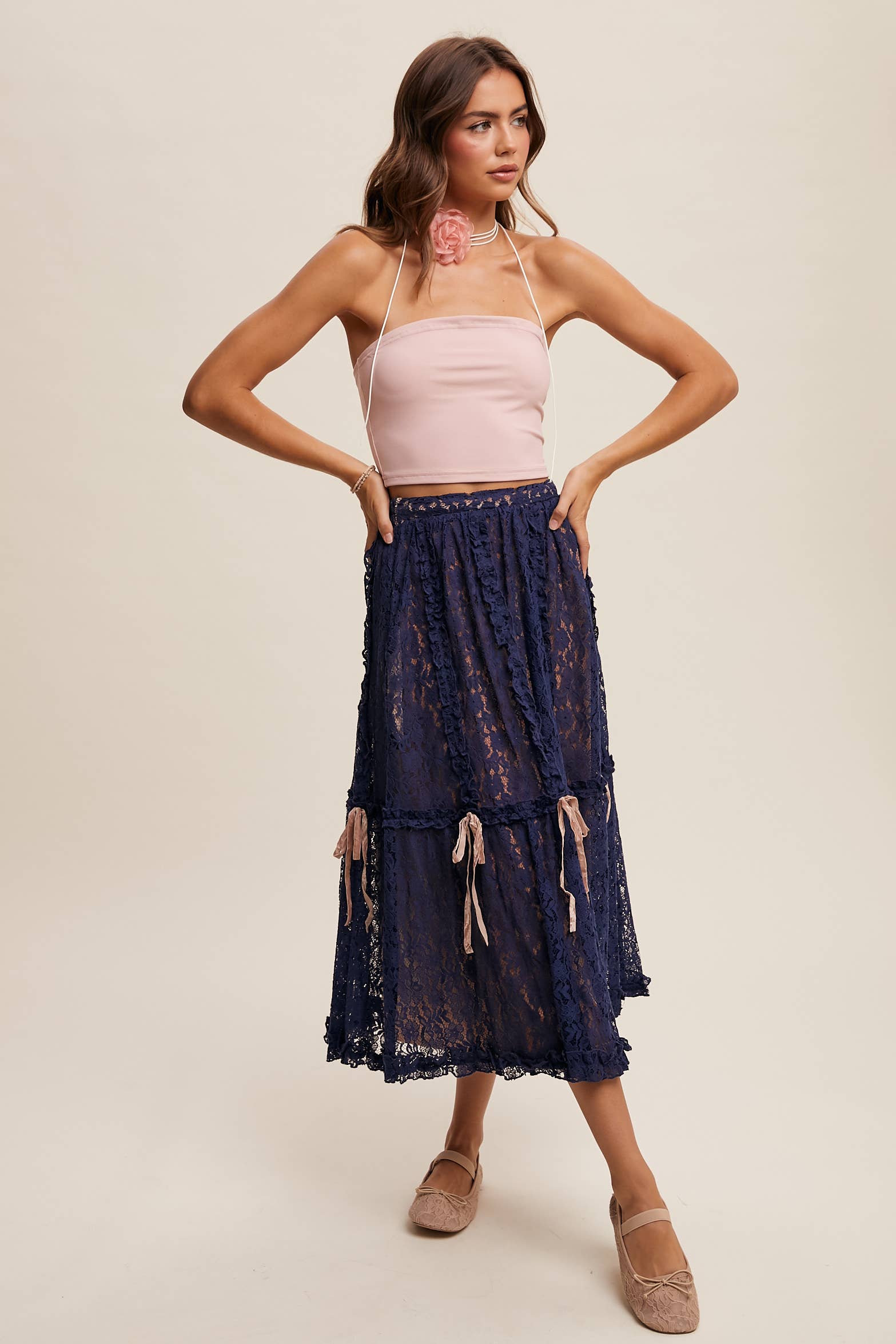 Listicle – wholesale Skirt – Women’s – Lace Midi Skirt with Ribbon Details10
