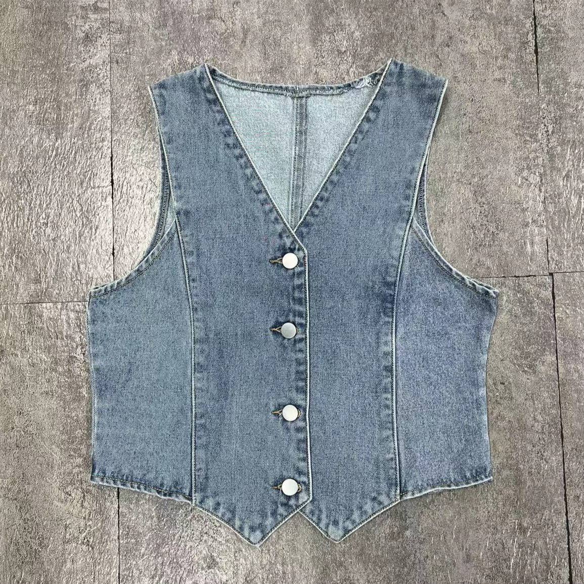 Blue Stylish Casual V-Neck Denim Vest for wholesale on Faire0