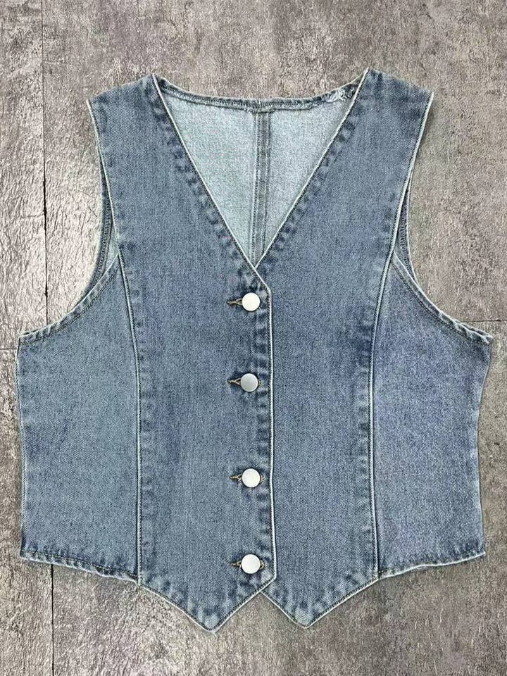Blue Stylish Casual V-Neck Denim Vest for wholesale on Faire