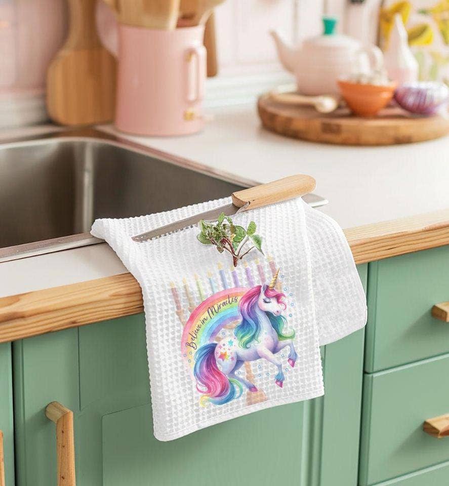Salt Sparkle Shalom - Wholesale Tea Towel - Believe in Miracles Unicorn Waffle Dish Towel for Chanukah1