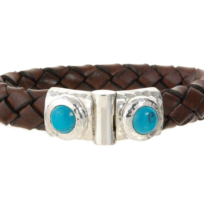Zilverkleurige leren armband Hammered Jointlock Round Turkoois 1 voor wholesale door ElfCraft