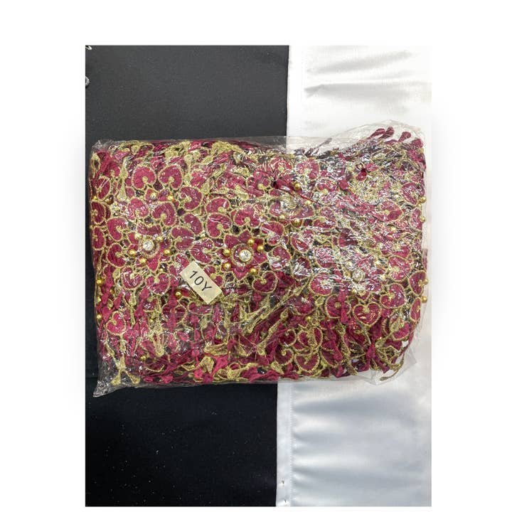 Floral Lace Trimmings Pack - Wine / Gold for wholesale by City Fabrics