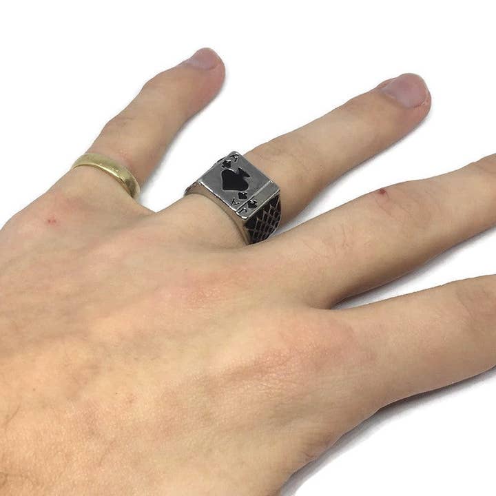 Gifts From The Crypt - Wholesale Signet Ring - Ace of Spades Playing Cards Ring | Black Signet