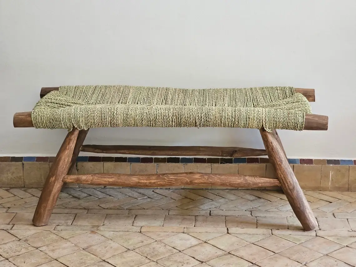 Melecraft - Venta al por mayor Bancos - Banco de madera maciza con tejido natural1