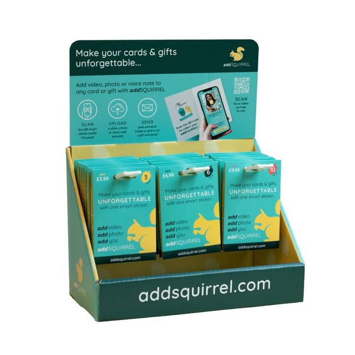 addSQUIRREL – wholesale Klistermärke – 3-pack med AddSquirrel QR smarta klistermärken lägg till video, foto