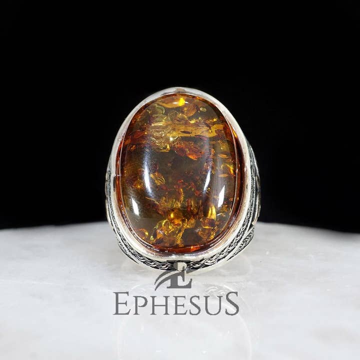 Ephesus Jewelry – Anel de cocktail/declaração por atacado – Anel de pedra âmbar prata esterlina4