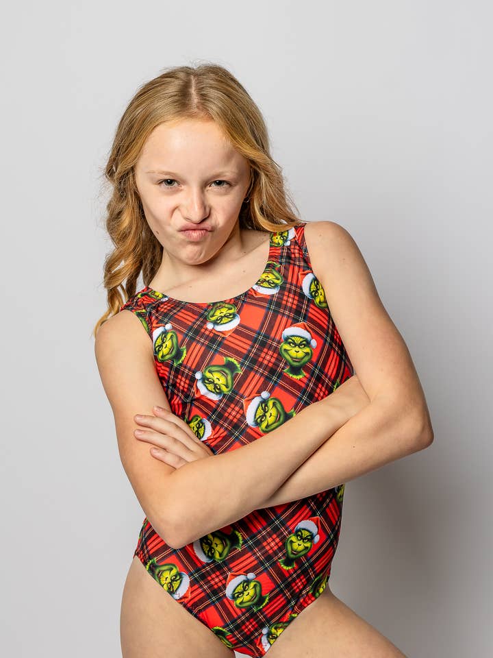Grinchy Mood Red Plaid Christmas Leotard for Gymnastics for wholesale by Foxy's Leotards