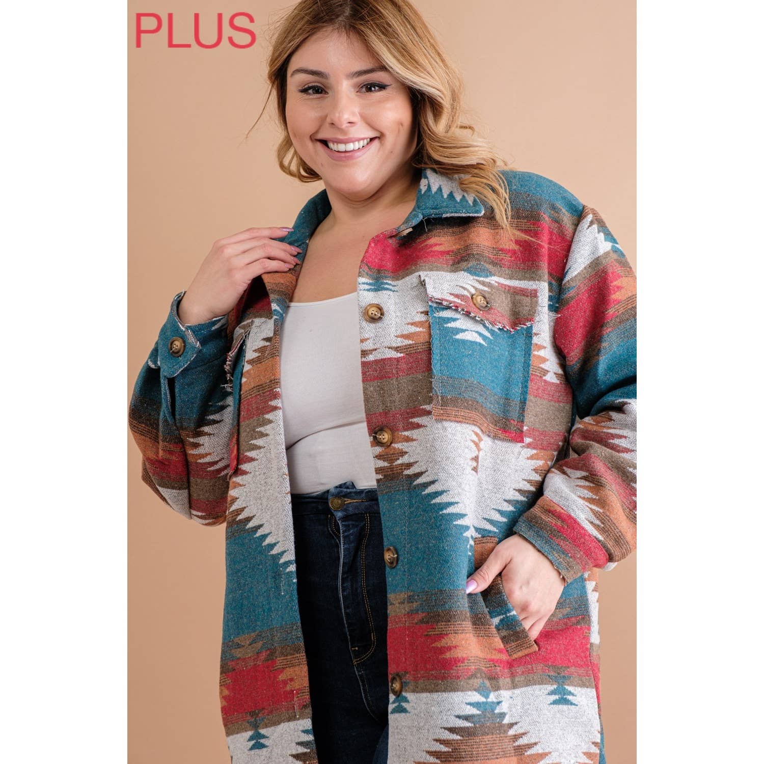Sweet Generis - Wholesale Shirt Jacket/Shacket - Women's - PLUS LONG TRIBAL AZTEC BUTTON DOWN SHIRT JACKET SHACKET9