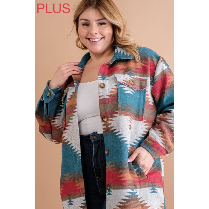 Sweet Generis - Wholesale Shirt Jacket/Shacket - Women's - PLUS LONG TRIBAL AZTEC BUTTON DOWN SHIRT JACKET SHACKET9