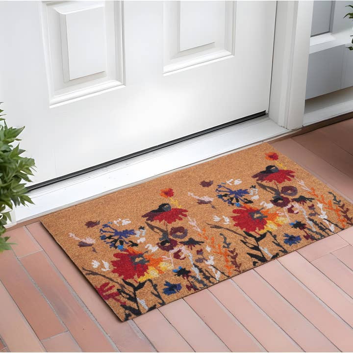 HomeRoots - Wholesale Door Mat - 24"X36" Natural Red and Yellow Coir Floral Outdoor Door Mat