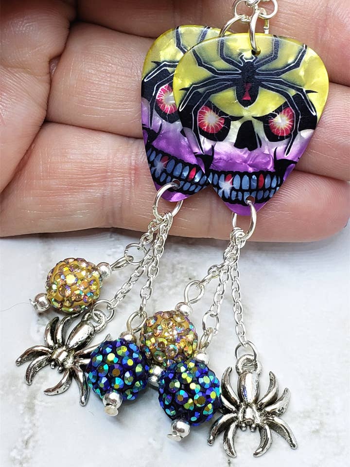 Skull and Spider Guitar Pick Earrings with Spider Charm and Pave Bead Dangles for wholesale by Simply Raevyn
