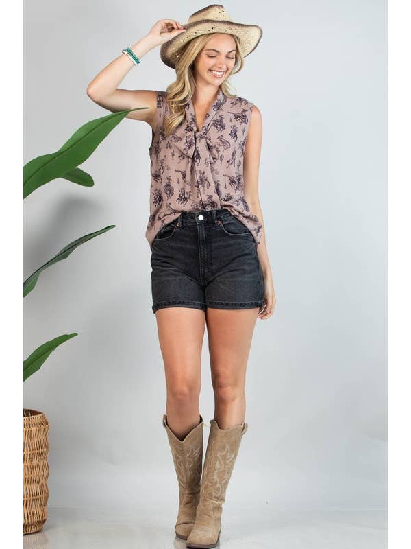 Mocha AT1289-COLETTE BUCKING HORSES PRINT FRONT TIE WOVEN TOP for wholesale on Faire