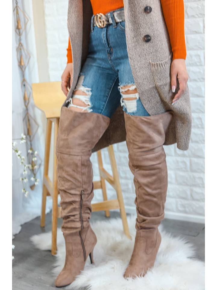 SurelyMine – wholesale Boots – Women’s – Unmatchable Pointy Slouchy Knee and Thigh High Boots Taupe2