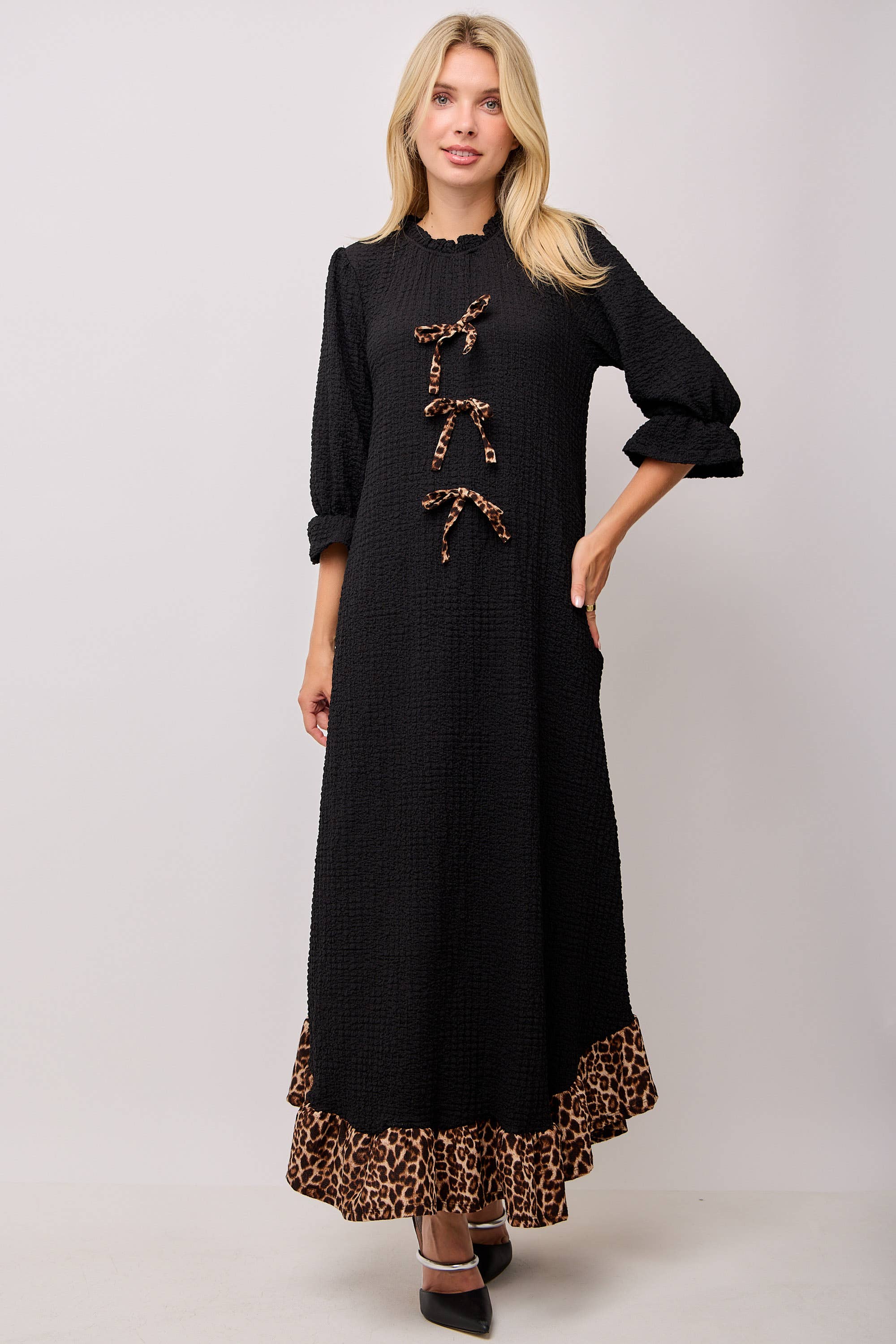 Celeste Clothing - Wholesale Dress - Women's - WOMEN'S PLUS SIZE  MAXI DRESS -LEOPARD CONTRAST AND BOWS 26