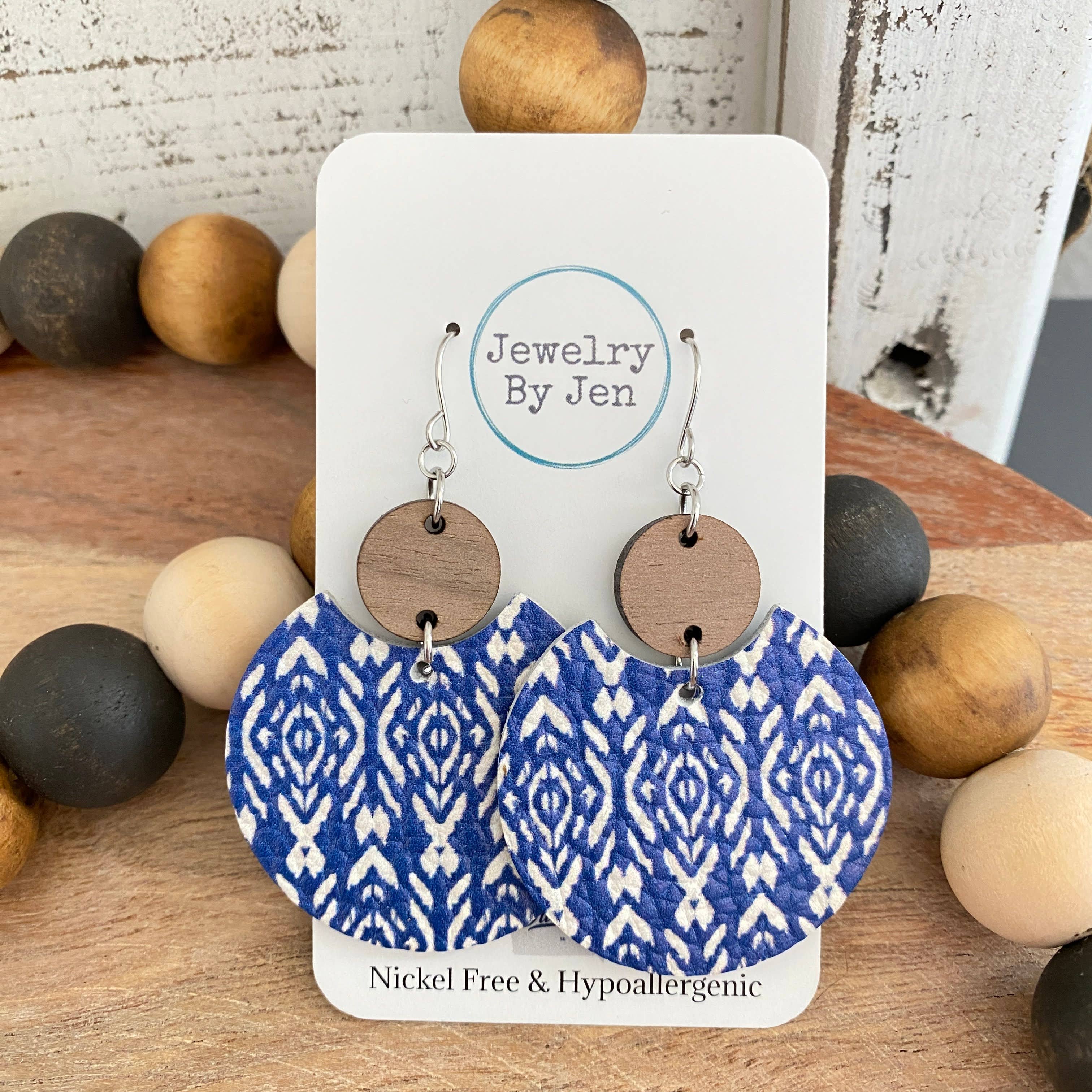 Jewelry By Jen - Wholesale Dangle Earrings - Luna Earrings: Blue Shibori Bohemian w/Wood2